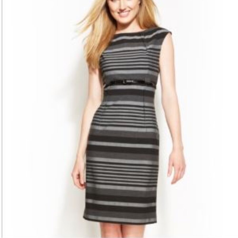 Calvin Klein Women's Cap Sleeve Striped Belted Dress, Charcoal/Tin